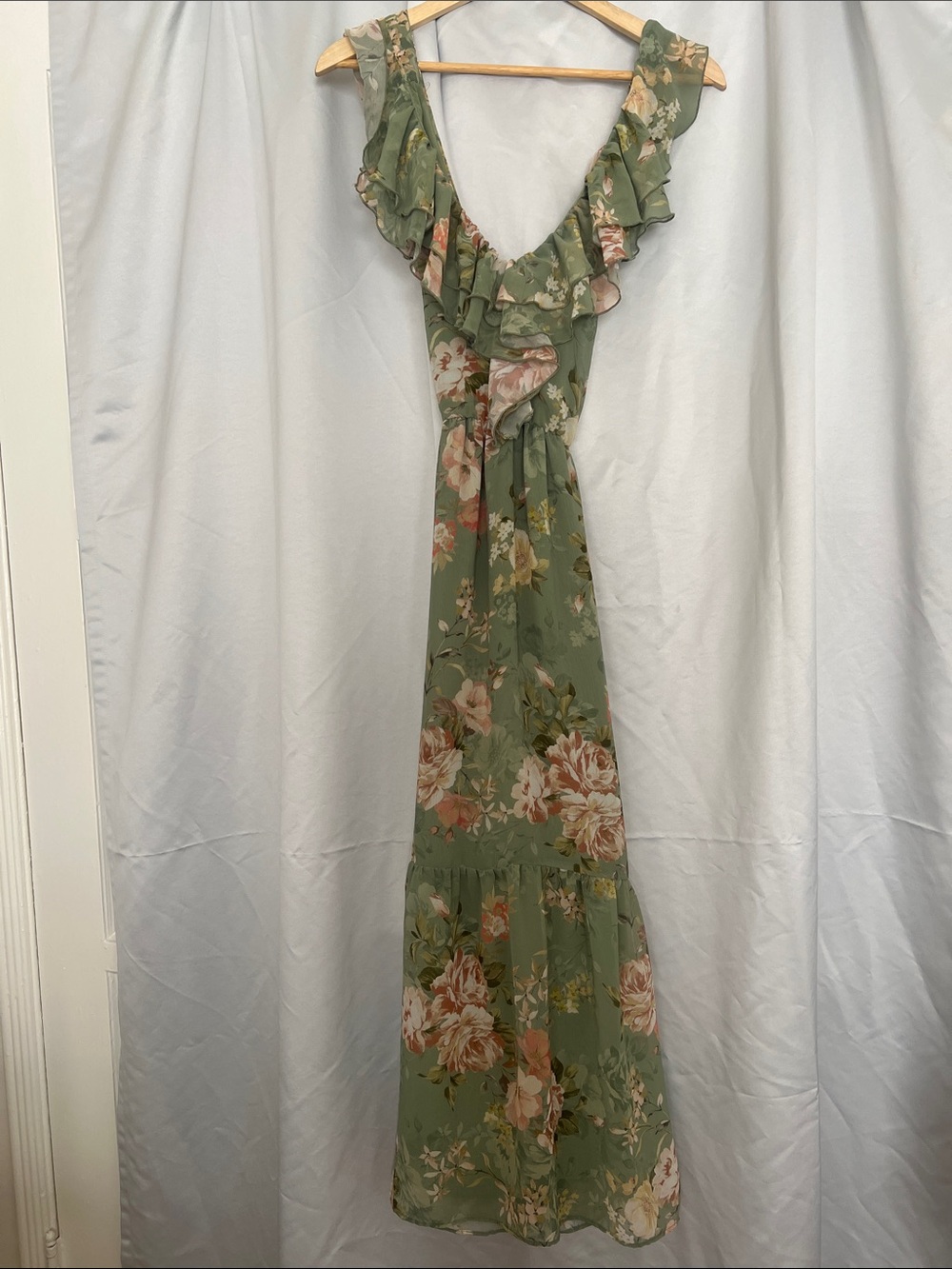 Zara Olive Green Floral Ruffled V-Neck Maxi Dress
